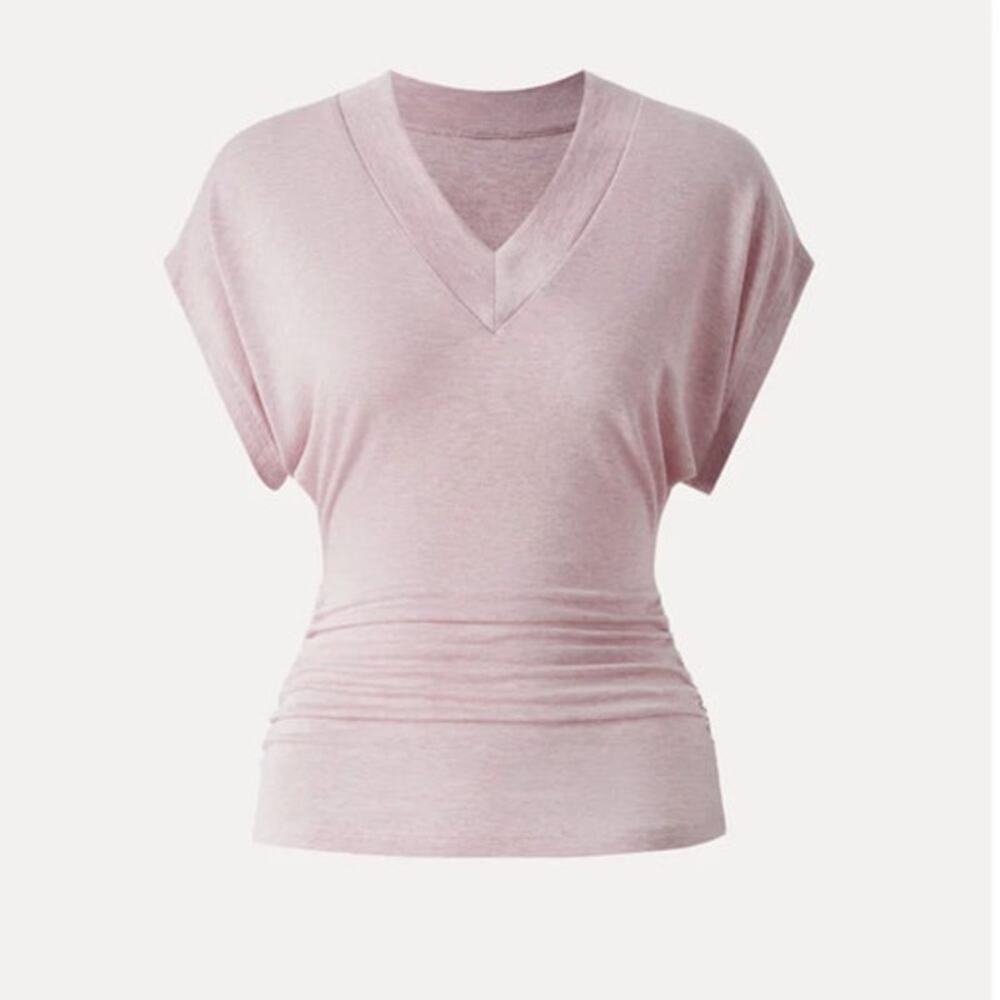 OGL Top Size L NEW LiteWarm Semi-sheer Lyocell Cashmere Blend V-neck Ruched Pink